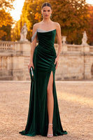 Load image into Gallery viewer, Sparkly Dark Green Mermaid Ruched Velvet Long Formal Dress with Slit