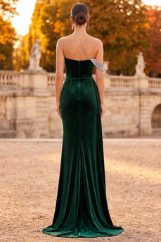 Sparkly Dark Green Mermaid Ruched Velvet Long Formal Dress with Slit