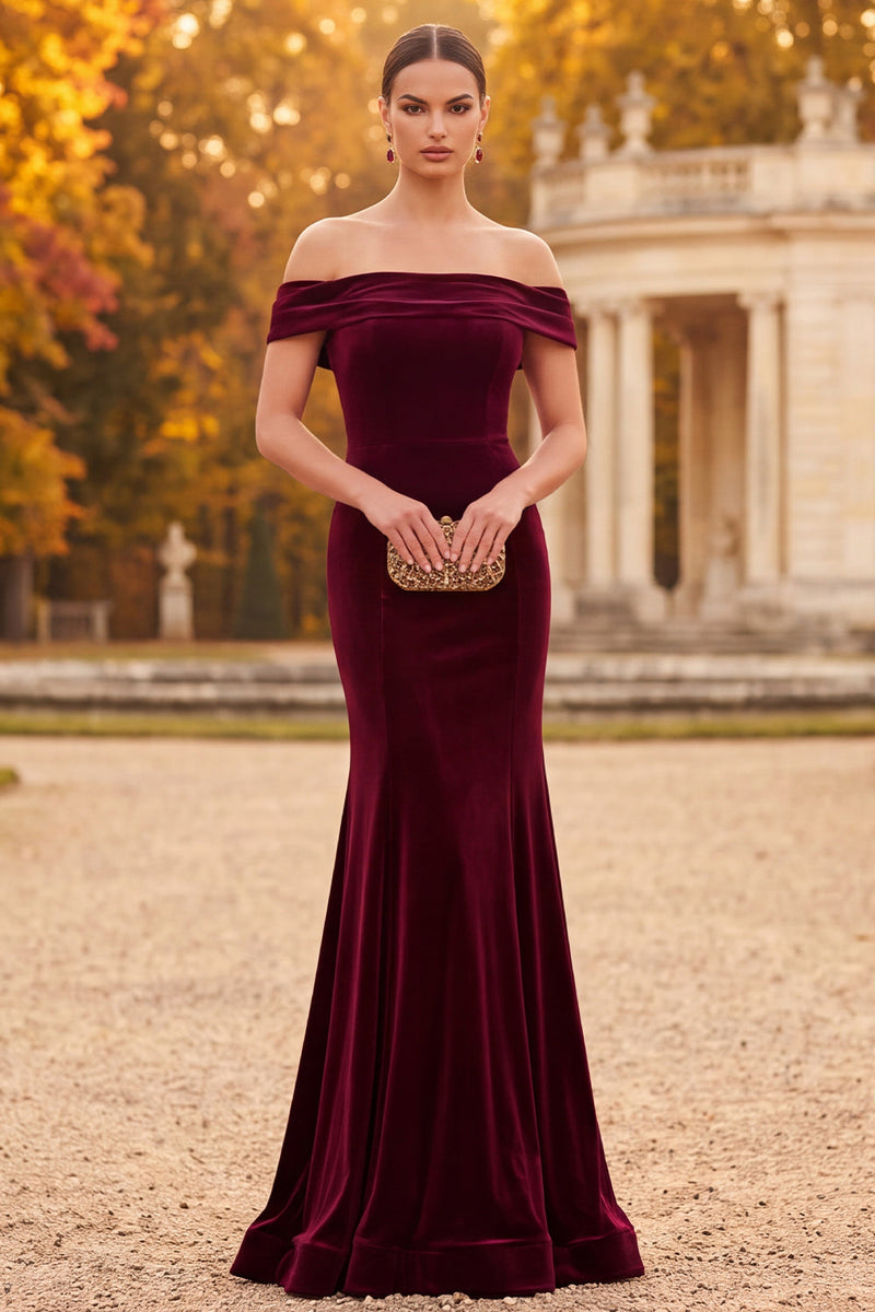 Load image into Gallery viewer, Simple Burgundy Mermaid Velvet Off the Shoulder Long Formal Dress