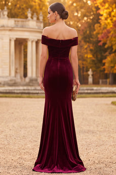 Simple Burgundy Mermaid Velvet Off the Shoulder Long Formal Dress