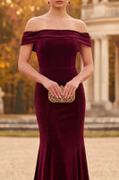 Load image into Gallery viewer, Simple Burgundy Mermaid Velvet Off the Shoulder Long Formal Dress