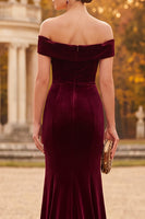 Load image into Gallery viewer, Simple Burgundy Mermaid Velvet Off the Shoulder Long Formal Dress