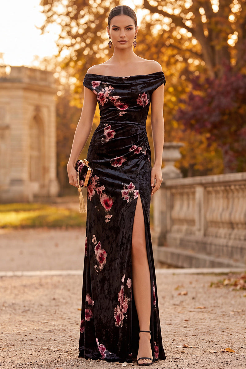 Load image into Gallery viewer, Black Floral Off the Shoulder Velvet Long Formal Dress with Slit