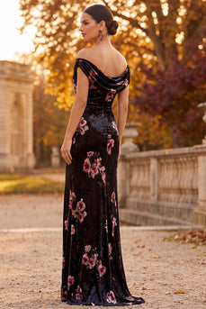 Black Floral Off the Shoulder Velvet Long Formal Dress with Slit