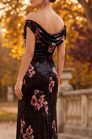 Load image into Gallery viewer, Black Floral Off the Shoulder Velvet Long Formal Dress with Slit