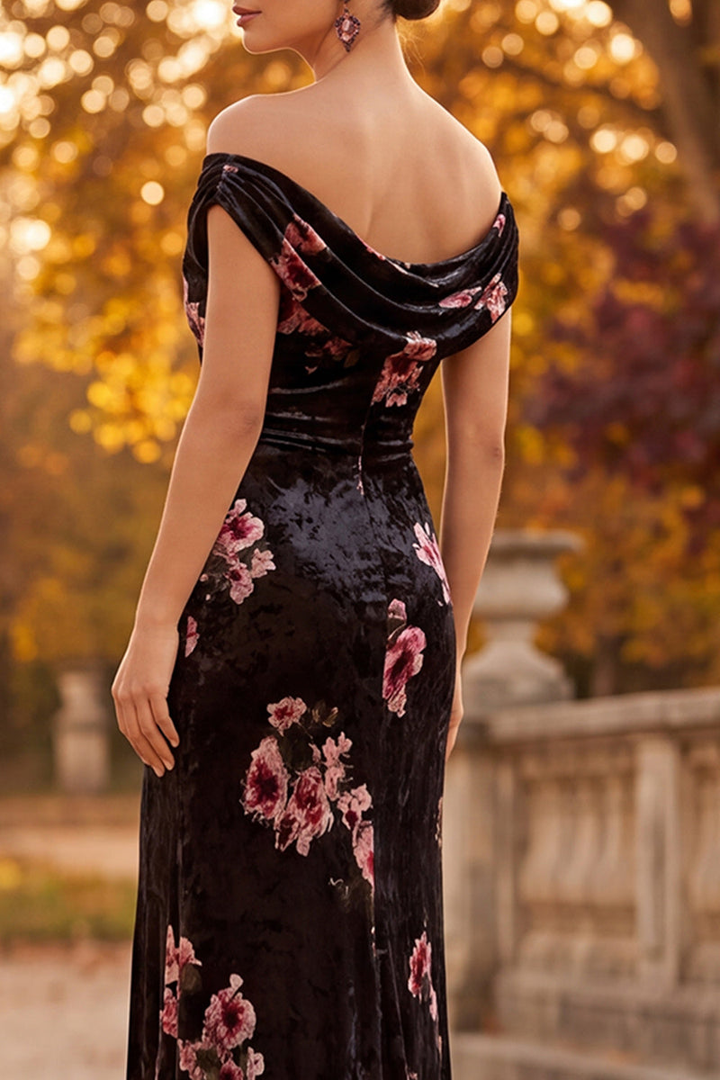 Load image into Gallery viewer, Black Floral Off the Shoulder Velvet Long Formal Dress with Slit