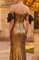 Load image into Gallery viewer, Golden Sparkly Sequin Off the Shoulder Mermaid Long Formal Dress with Bows