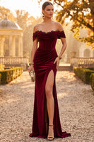 Load image into Gallery viewer, Burgundy Mermaid Corset Off the Shoulder Velvet Long Formal Dress with Slit