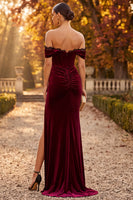 Load image into Gallery viewer, Burgundy Mermaid Corset Off the Shoulder Velvet Long Formal Dress with Slit