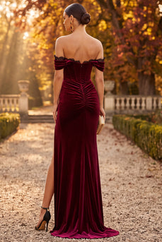 Burgundy Mermaid Corset Off the Shoulder Velvet Long Formal Dress with Slit