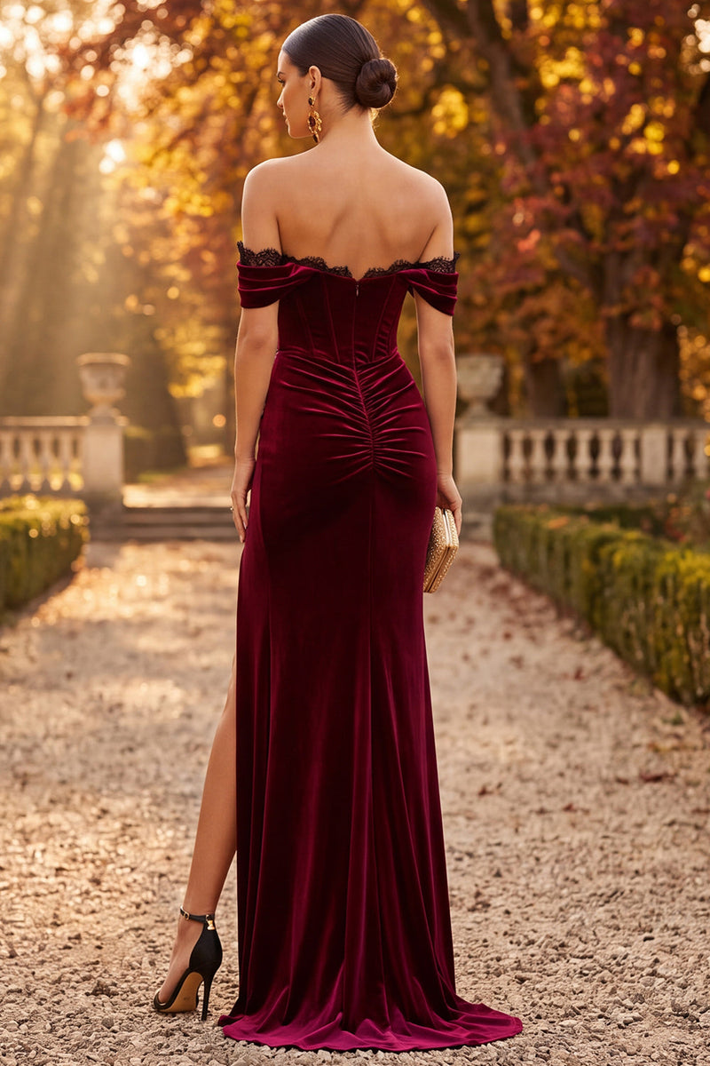 Load image into Gallery viewer, Burgundy Mermaid Corset Off the Shoulder Velvet Long Formal Dress with Slit