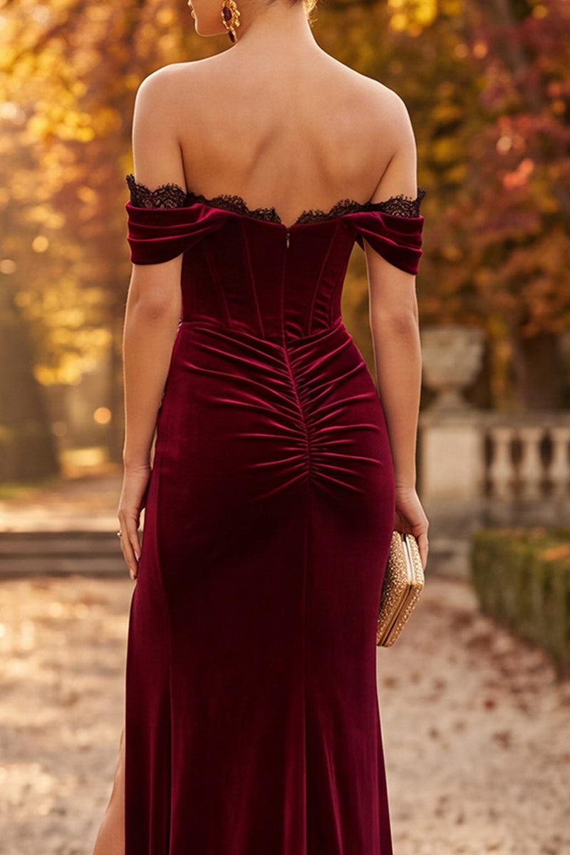 Load image into Gallery viewer, Burgundy Mermaid Corset Off the Shoulder Velvet Long Formal Dress with Slit