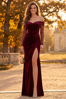 Load image into Gallery viewer, Burgundy Off the Shoulder Mermaid Long Sleeves Velvet Formal Dress with Slit