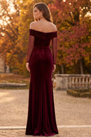 Load image into Gallery viewer, Burgundy Off the Shoulder Mermaid Long Sleeves Velvet Formal Dress with Slit
