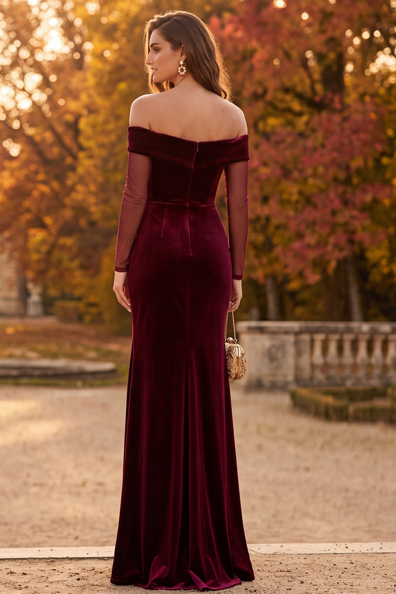 Load image into Gallery viewer, Burgundy Off the Shoulder Mermaid Long Sleeves Velvet Formal Dress with Slit