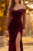 Load image into Gallery viewer, Burgundy Off the Shoulder Mermaid Long Sleeves Velvet Formal Dress with Slit