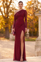 Load image into Gallery viewer, Burgundy Mermaid Sparkly Beaded Long Sleeves Formal Dress with Slit
