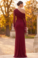 Load image into Gallery viewer, Burgundy Mermaid Sparkly Beaded Long Sleeves Formal Dress with Slit