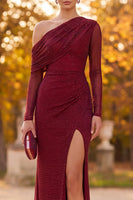 Load image into Gallery viewer, Burgundy Mermaid Sparkly Beaded Long Sleeves Formal Dress with Slit