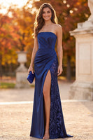Load image into Gallery viewer, Sparkly Dark Blue Strapless Mermaid Satin Long Formal Dress with Slit
