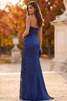 Load image into Gallery viewer, Sparkly Dark Blue Strapless Mermaid Satin Long Formal Dress with Slit