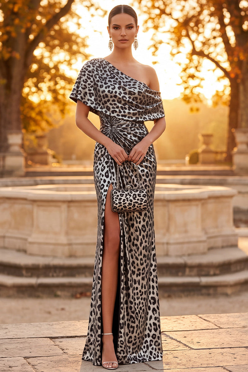Load image into Gallery viewer, Silver Mermaid Leopard Print Long Formal Dress with Slit