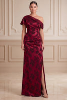Load image into Gallery viewer, Floral Burgundy Sheath Ruched Long Mother of the Bride Dress with Slit