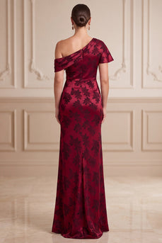 Floral Burgundy Sheath Ruched Long Mother of the Bride Dress with Slit