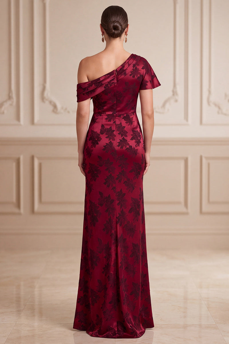 Load image into Gallery viewer, Floral Burgundy Sheath Ruched Long Mother of the Bride Dress with Slit