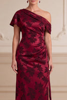 Load image into Gallery viewer, Floral Burgundy Sheath Ruched Long Mother of the Bride Dress with Slit