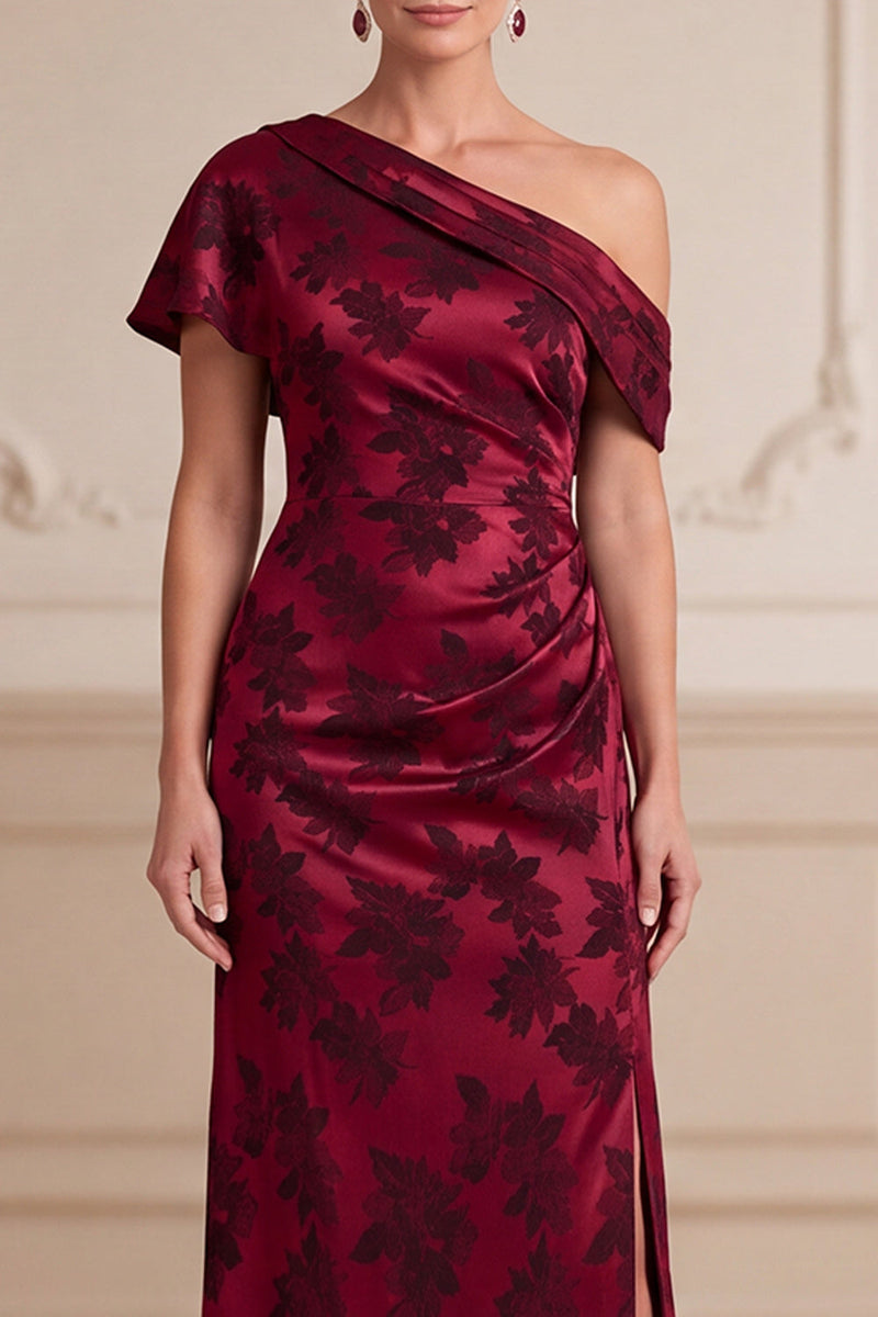 Load image into Gallery viewer, Floral Burgundy Sheath Ruched Long Mother of the Bride Dress with Slit