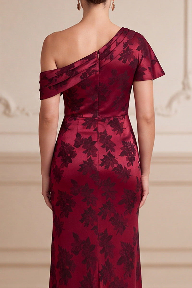 Load image into Gallery viewer, Floral Burgundy Sheath Ruched Long Mother of the Bride Dress with Slit