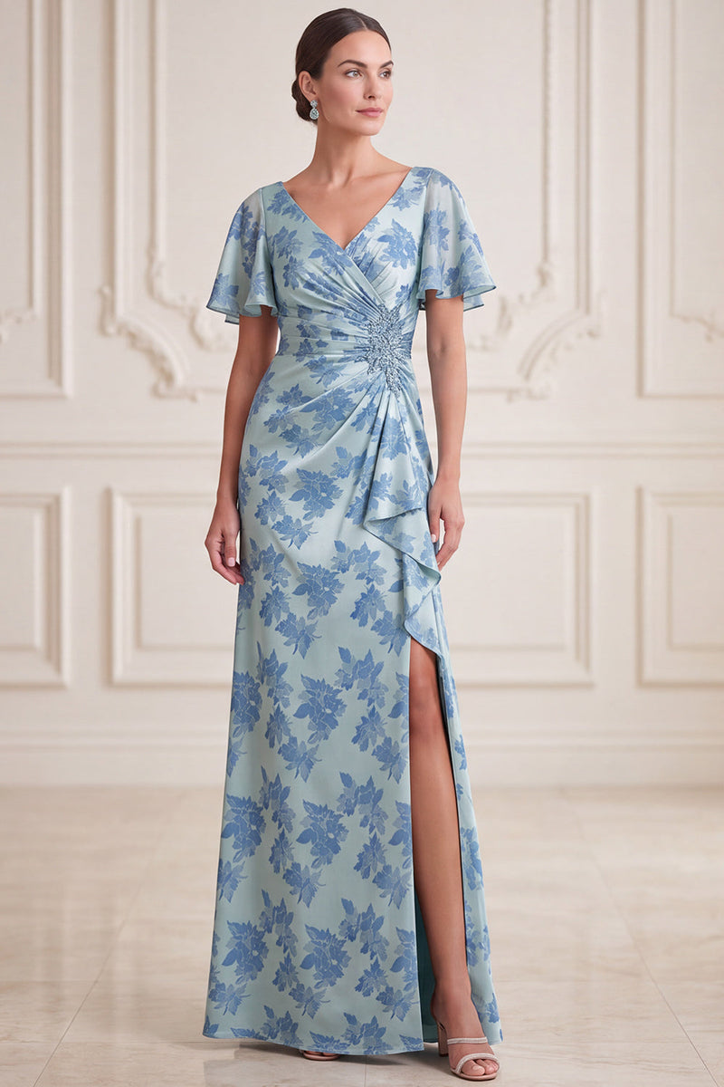 Load image into Gallery viewer, Floral Grey Blue V-Neck Ruched Long Mother of the Bride Dress with Slit
