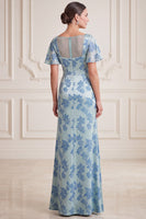 Load image into Gallery viewer, Floral Grey Blue V-Neck Ruched Long Mother of the Bride Dress with Slit