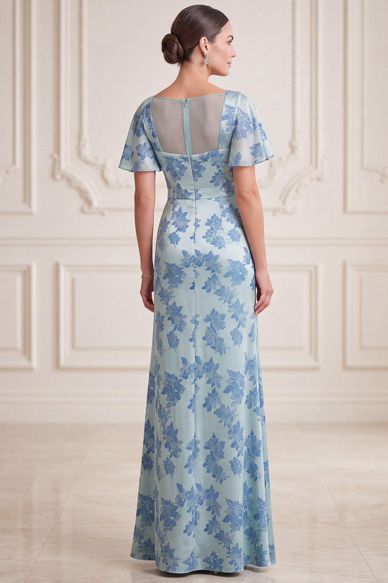 Load image into Gallery viewer, Floral Grey Blue V-Neck Ruched Long Mother of the Bride Dress with Slit