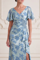 Load image into Gallery viewer, Floral Grey Blue V-Neck Ruched Long Mother of the Bride Dress with Slit