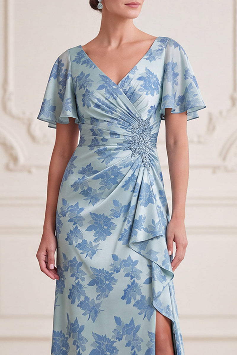 Load image into Gallery viewer, Floral Grey Blue V-Neck Ruched Long Mother of the Bride Dress with Slit
