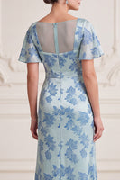 Load image into Gallery viewer, Floral Grey Blue V-Neck Ruched Long Mother of the Bride Dress with Slit