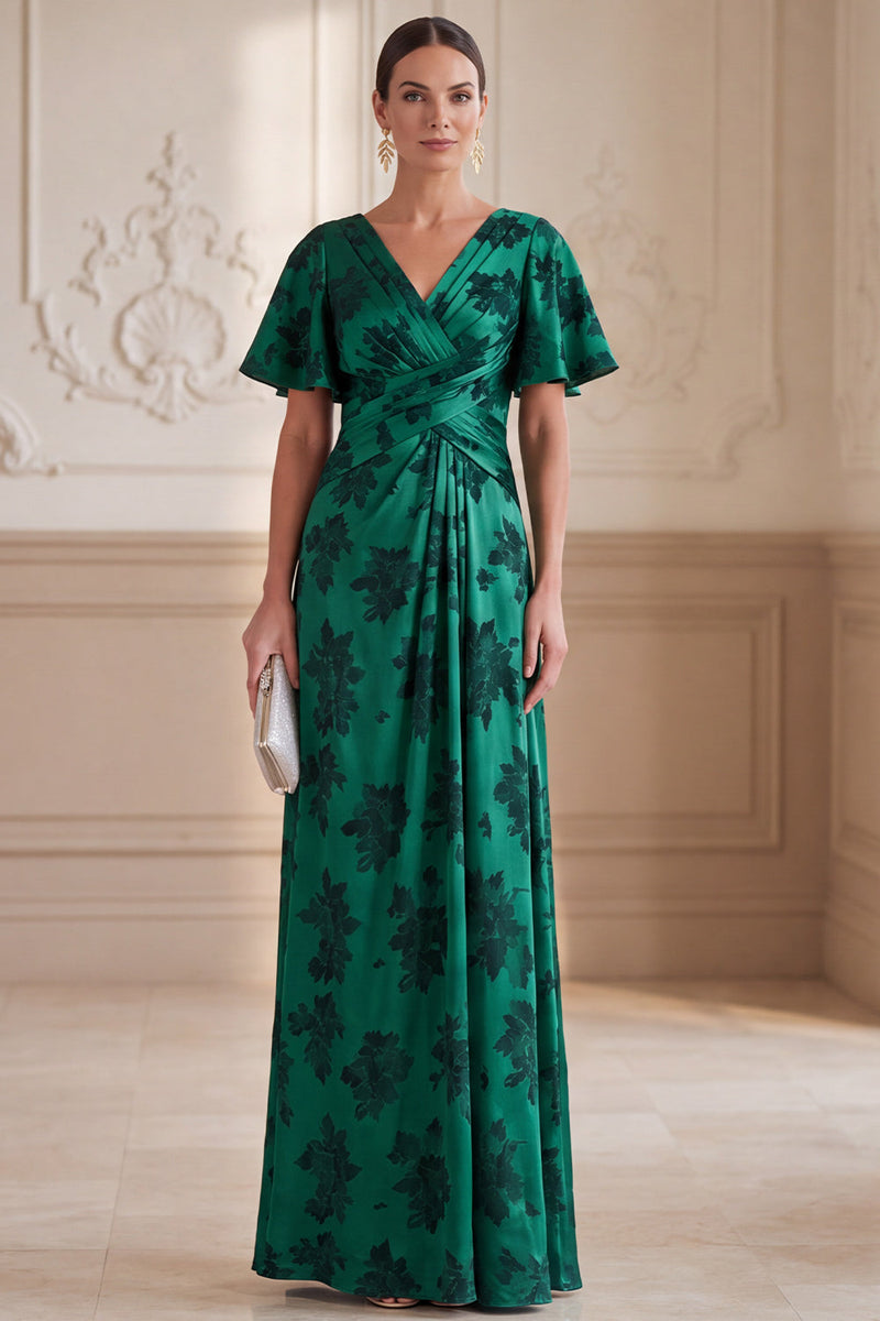 Load image into Gallery viewer, A Line Dark Green Ruched Floral V-Neck Long Mother of the Bride Dress