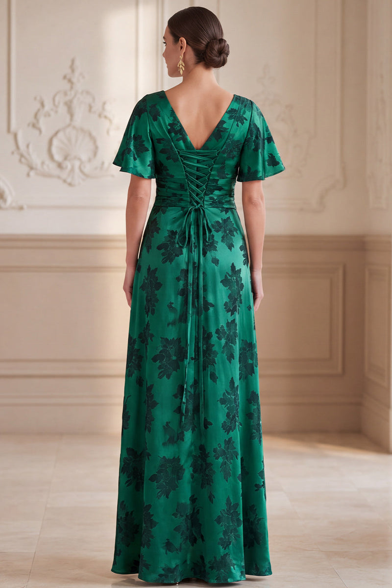 Load image into Gallery viewer, A Line Dark Green Ruched Floral V-Neck Long Mother of the Bride Dress