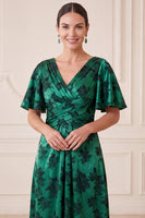 Load image into Gallery viewer, A Line Dark Green Ruched Floral V-Neck Long Mother of the Bride Dress