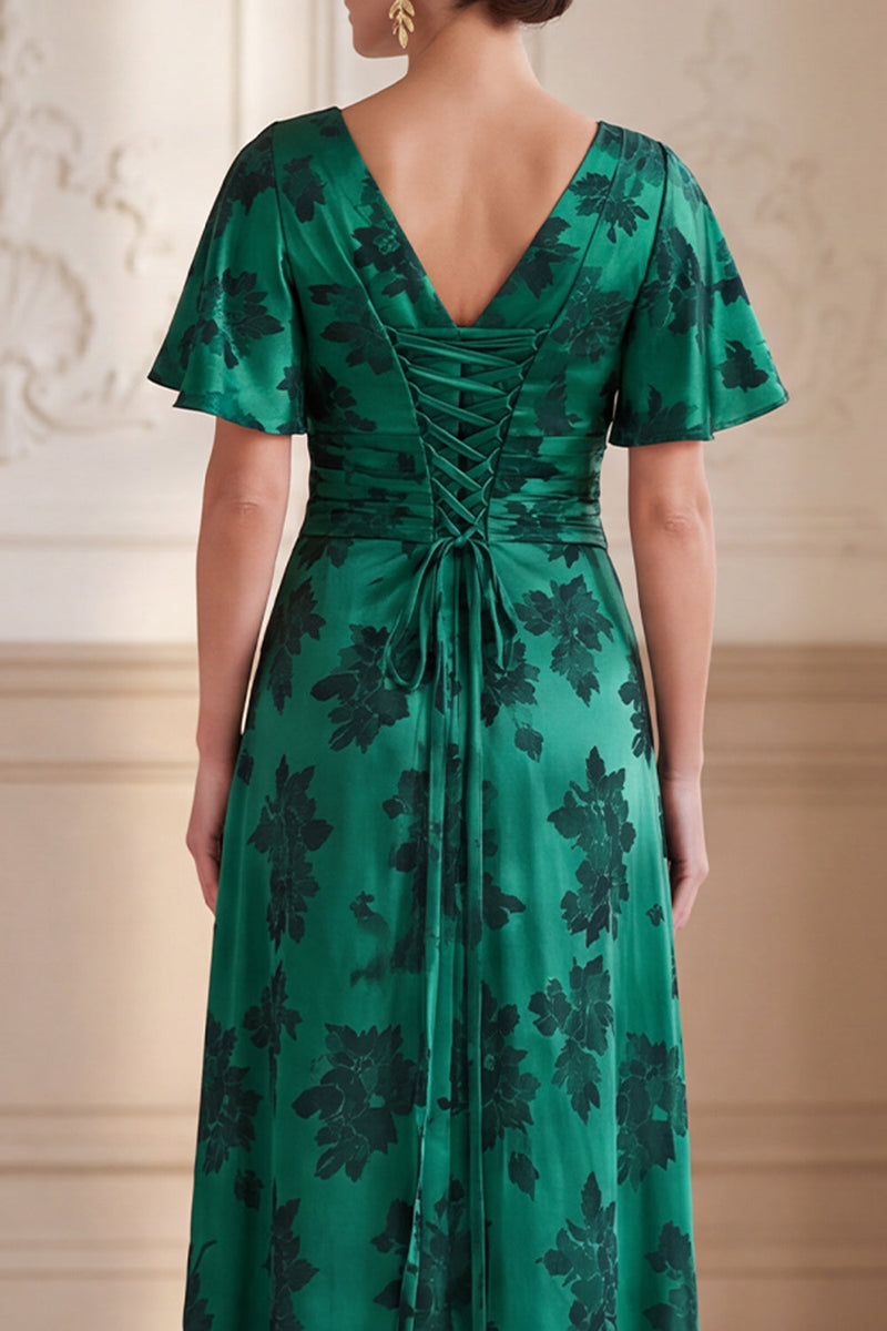 Load image into Gallery viewer, A Line Dark Green Ruched Floral V-Neck Long Mother of the Bride Dress
