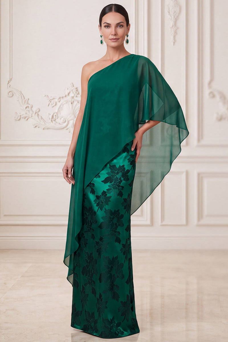 Load image into Gallery viewer, Sheath Dark Green Floral One Shoulder Long Mother of the Bride Dress with Cape