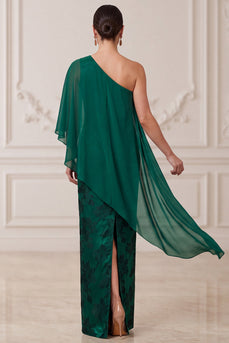 Sheath Dark Green Floral One Shoulder Long Mother of the Bride Dress with Cape
