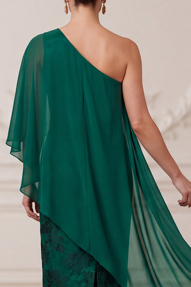 Load image into Gallery viewer, Sheath Dark Green Floral One Shoulder Long Mother of the Bride Dress with Cape