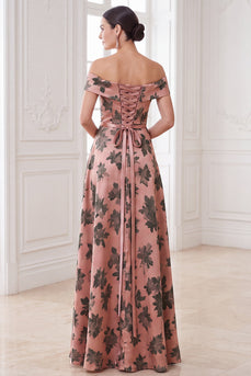 A Line Orange Floral Off the Shoulder Long Mother of the Bride Dress