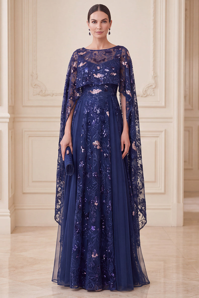 Load image into Gallery viewer, Sparkly Navy A Line Sequin Floral Long Mother of the Bride Dress with Cape