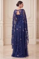 Load image into Gallery viewer, Sparkly Navy A Line Sequin Floral Long Mother of the Bride Dress with Cape