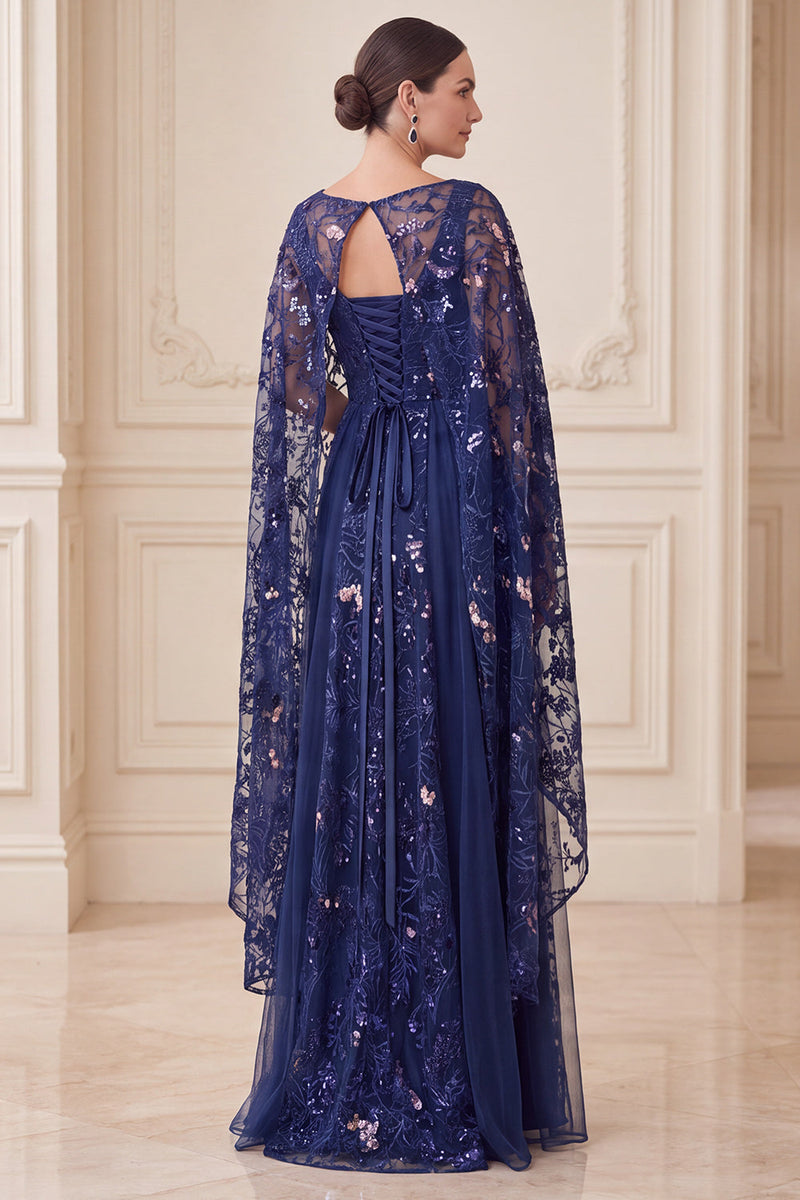 Load image into Gallery viewer, Sparkly Navy A Line Sequin Floral Long Mother of the Bride Dress with Cape