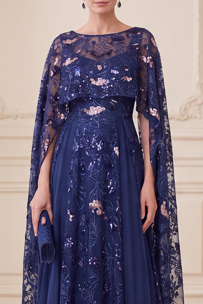 Load image into Gallery viewer, Sparkly Navy A Line Sequin Floral Long Mother of the Bride Dress with Cape